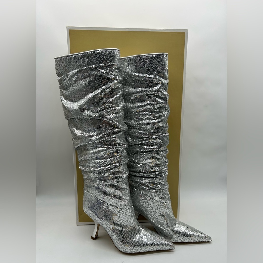Michael Kors Luna Sequin Boots Silver Pointed Toe Slouchy Heels Women’s 6.5M NIB - Picture 14 of 14